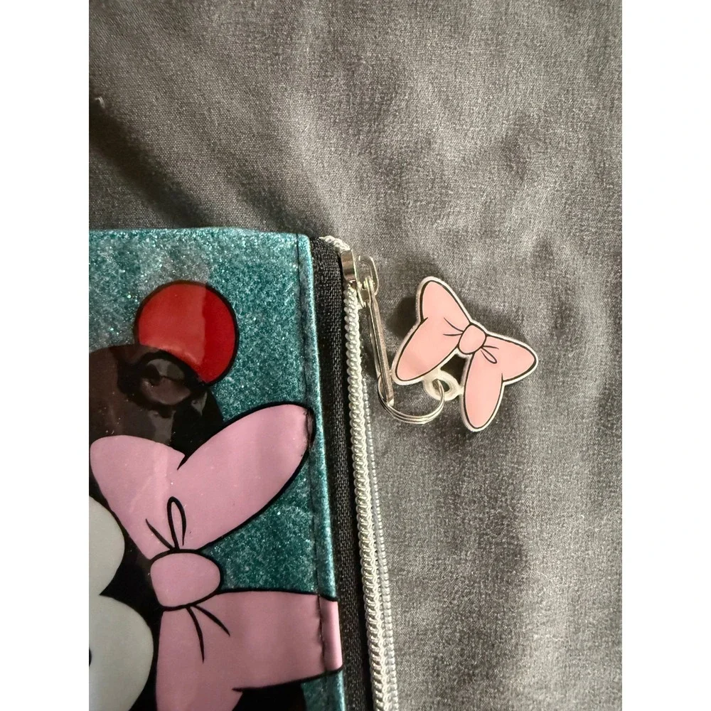 Disney Minnie Mouse Teal Glitter Cosmetic Bag Polka Dot Makeup Pouch Bow Charm
